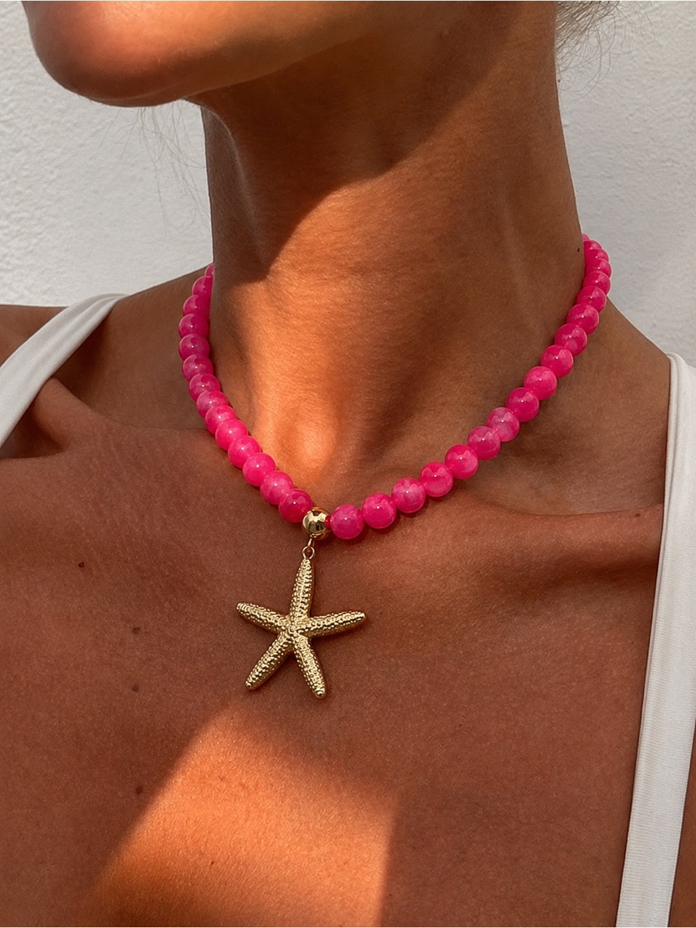 Pink Beaded Necklace with Gold Starfish Pendant